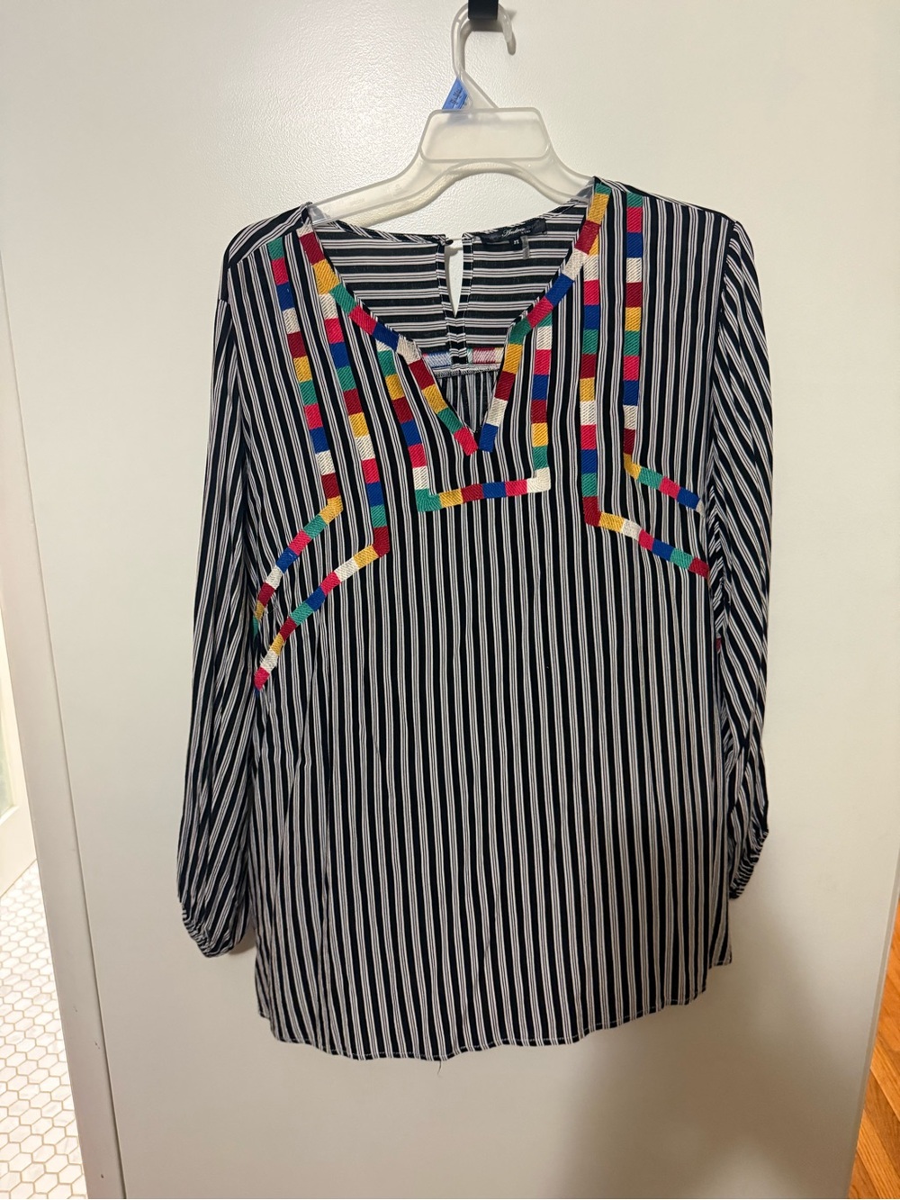 ANDREE BY UNIT Black & White Striped Blouse with Colorful Embroidered Trim